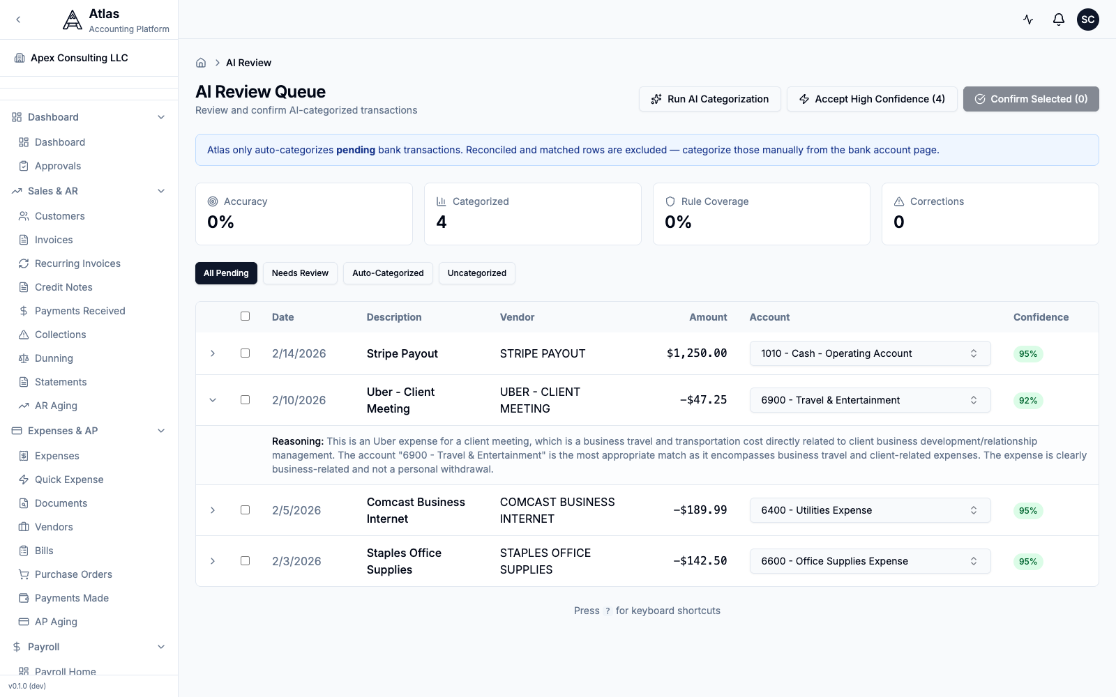 An expanded transaction row showing the AI's plain-language reasoning for the suggested account.
