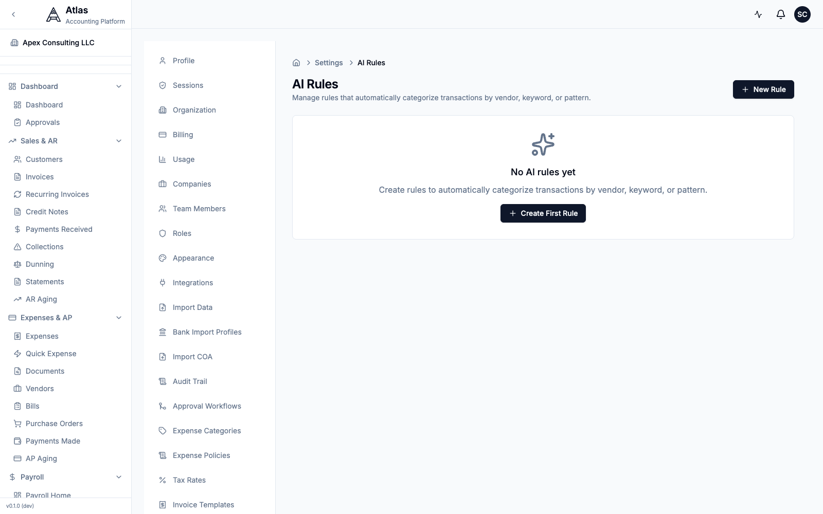 The AI Rules page under Settings, with the New Rule entry point and an empty-state prompt.