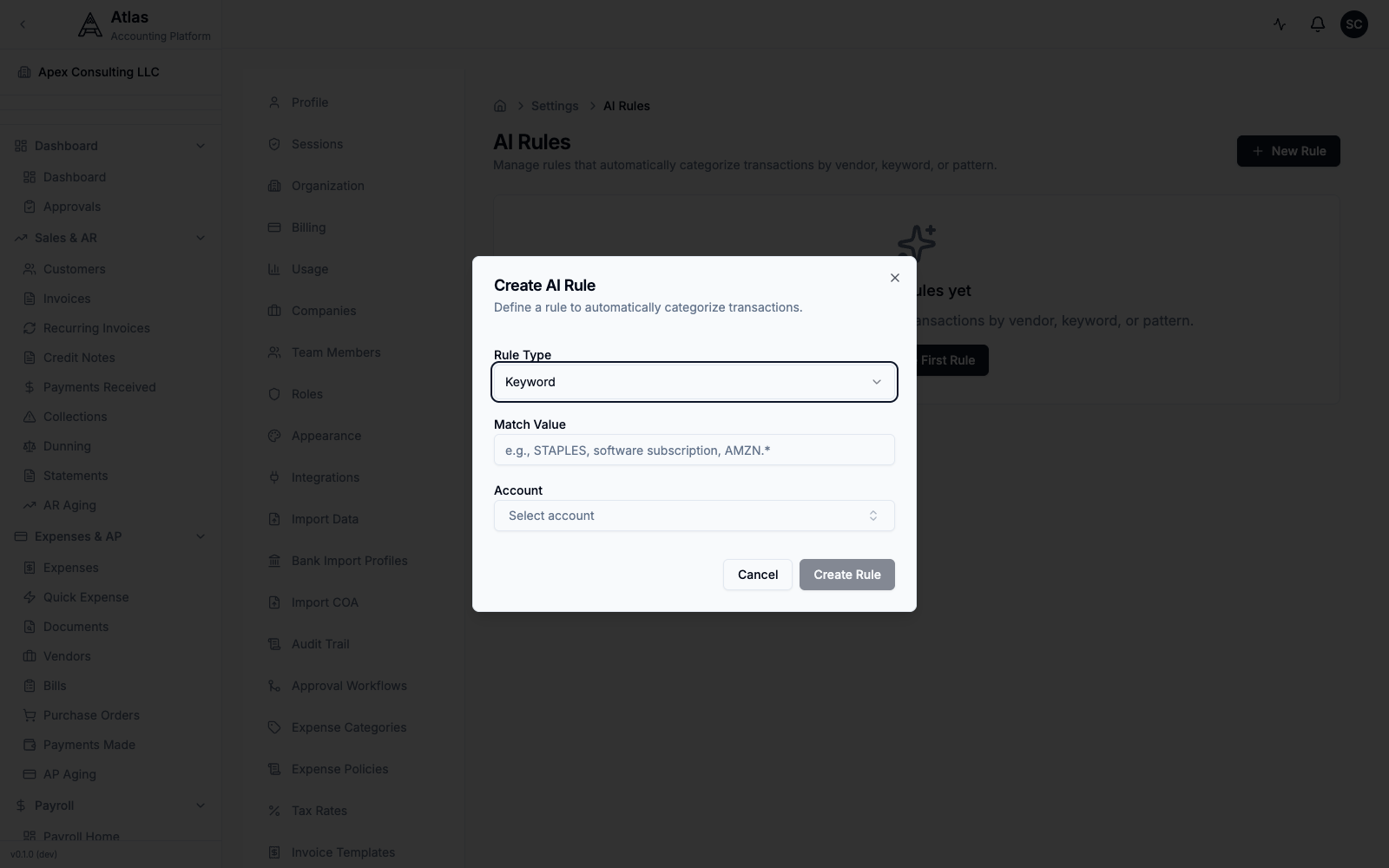 The Create AI Rule dialog: Rule Type (Keyword selected), a Match Value field, and an Account selector.