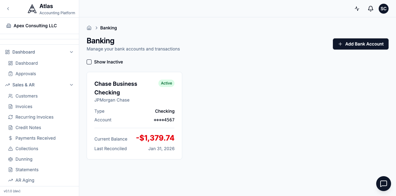 The Banking page lists every connected account with its current balance and last-reconciled date.