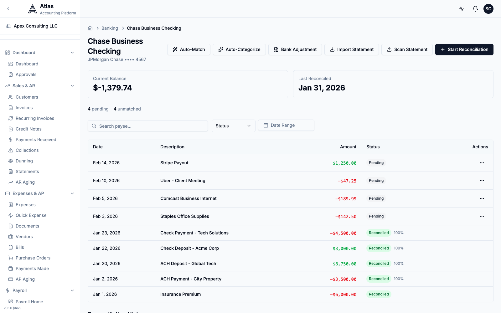 The account detail page: action buttons across the top, the transaction list below, with a status and match percentage on every row.