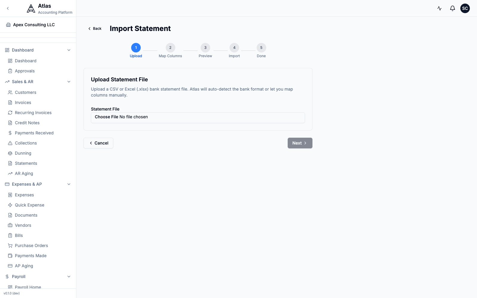 The Import Statement wizard. Step one accepts a CSV or Excel file and auto-detects the bank's column layout.