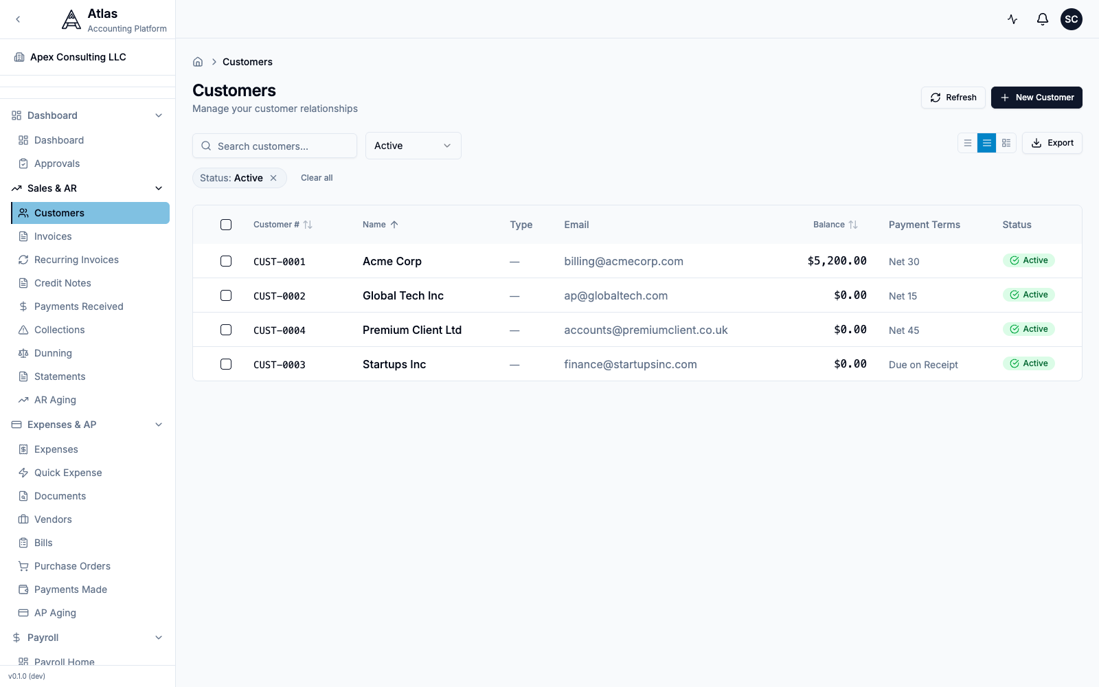 The Customers list under Sales & AR, with seeded customers and their balances and payment terms.