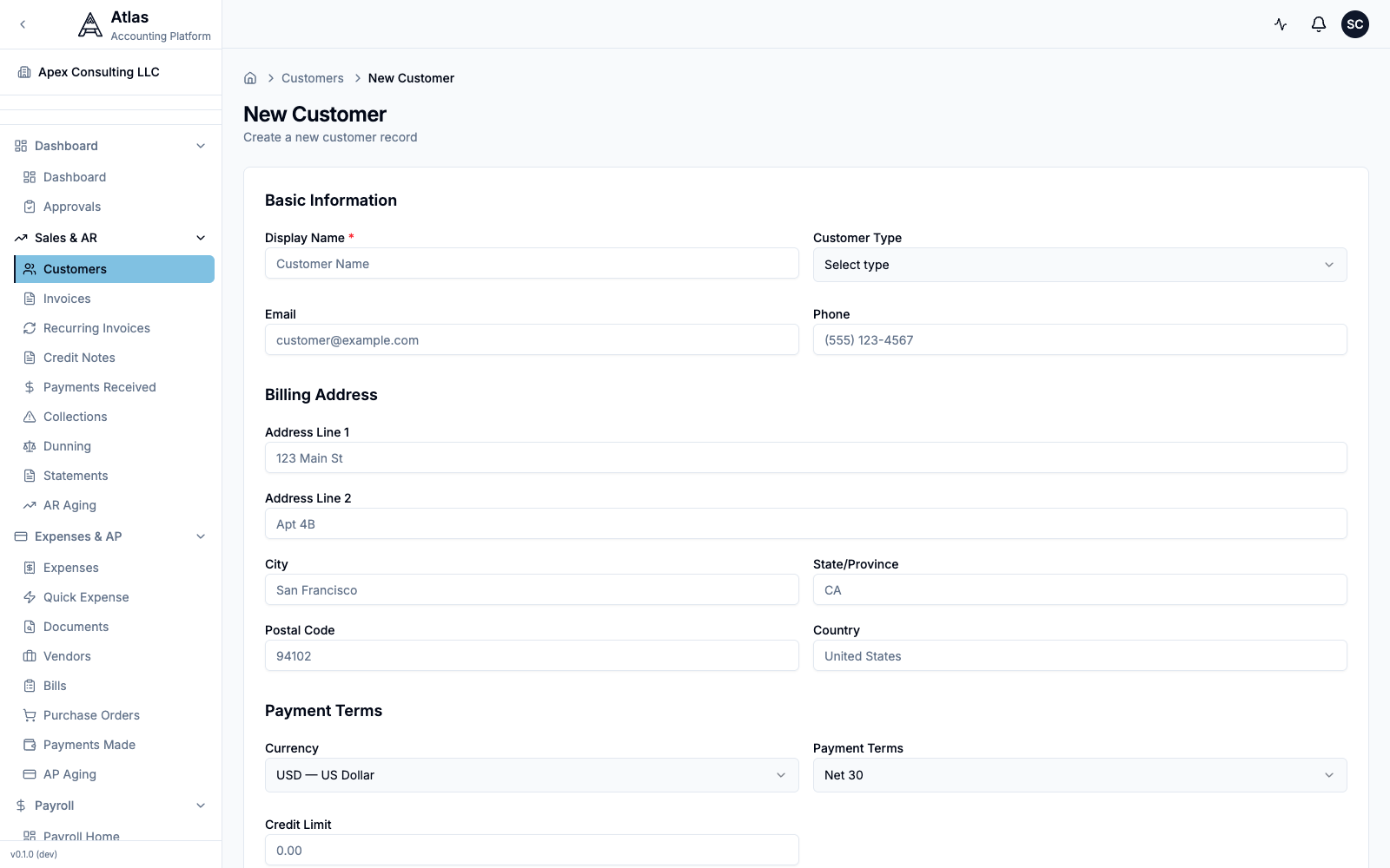 The New Customer form: Display Name and Customer Type, Email/Phone, a Billing Address block, and Payment Terms (currency + terms).