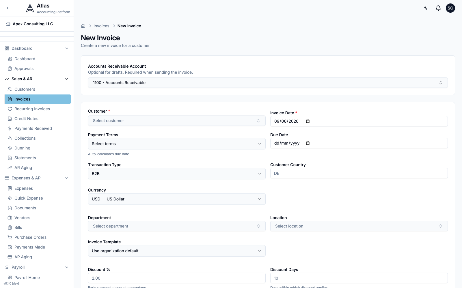 The New Invoice form: the Accounts Receivable Account selector, customer, dates, payment terms, and currency.