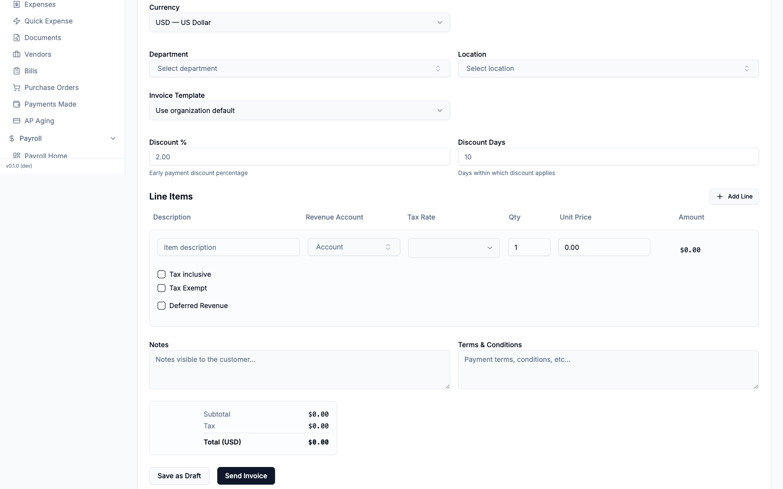 The Line Items table — Description, Revenue Account, Tax Rate, Qty, Unit Price, Amount — with the live Subtotal/Tax/Total summary and the Save as Draft / Send Invoice buttons.