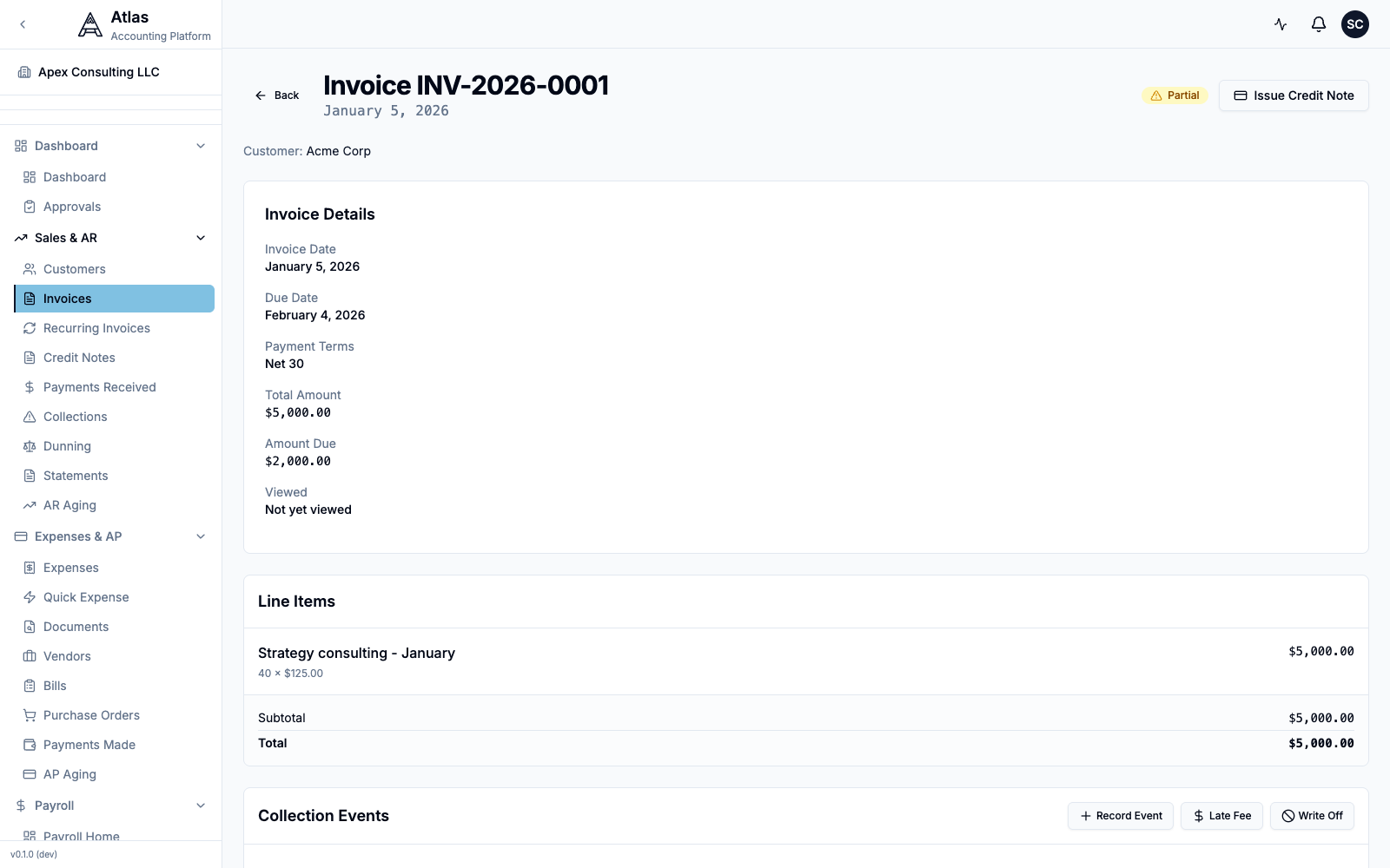 An invoice detail page showing a Partial status, the Total Amount and remaining Amount Due, and the line items.