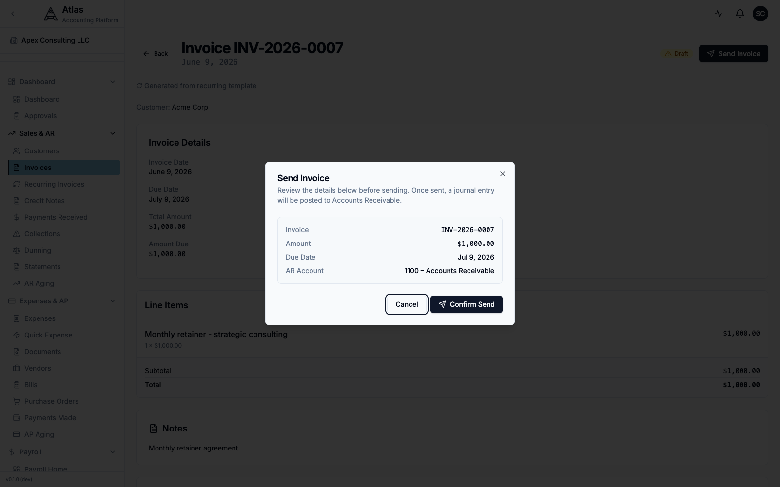 The Send Invoice confirmation dialog, listing the invoice number, amount, due date, and AR account, with Cancel and Confirm Send buttons.