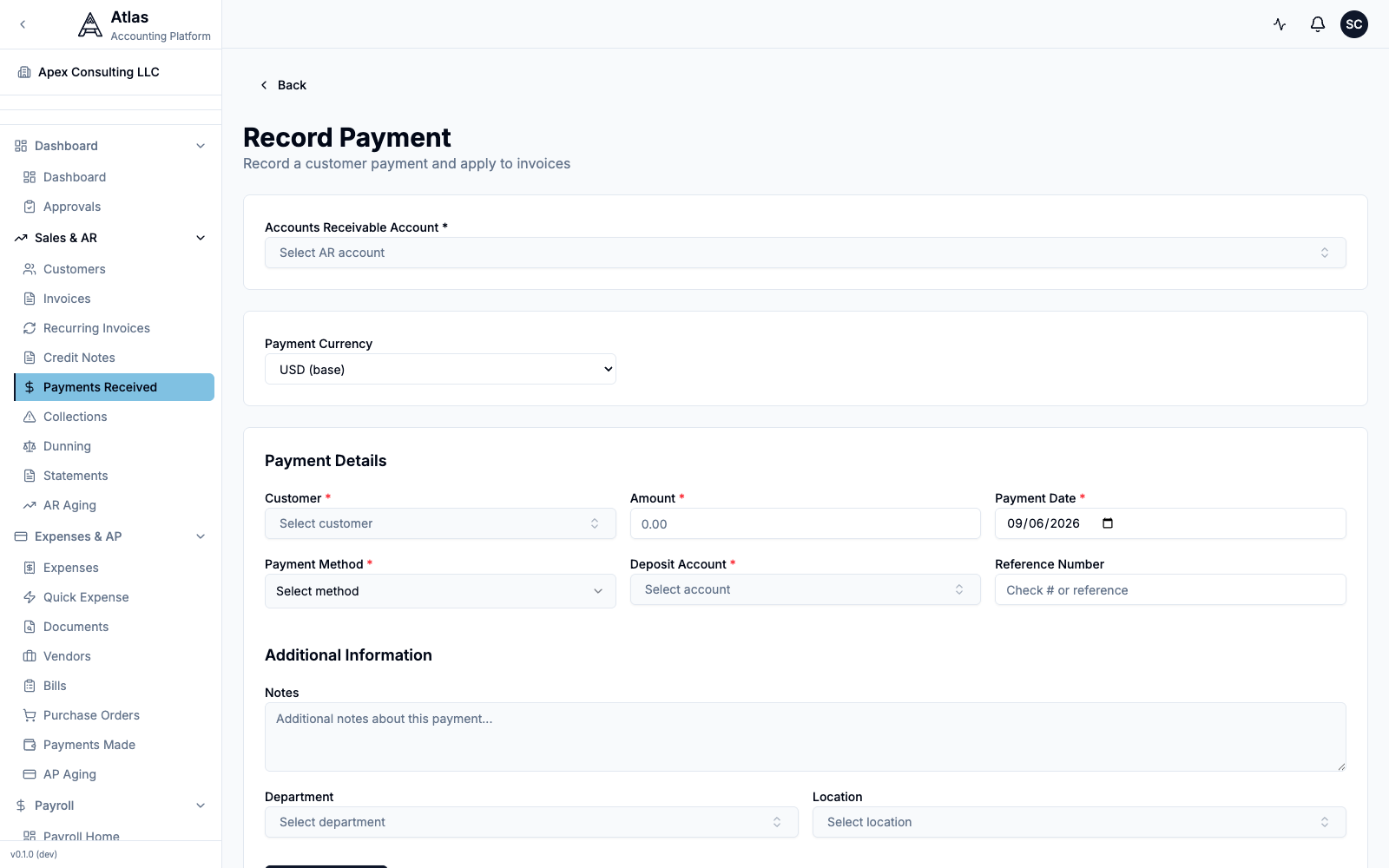 The Record Payment form: Accounts Receivable Account, Payment Currency, then Customer, Amount, Payment Date, Payment Method, Deposit Account, and Reference Number.