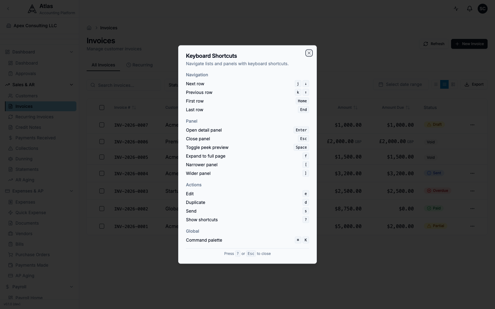 The Keyboard Shortcuts dialog in Atlas, opened with the ? key, listing the Navigation, Panel, Actions, and Global shortcuts.