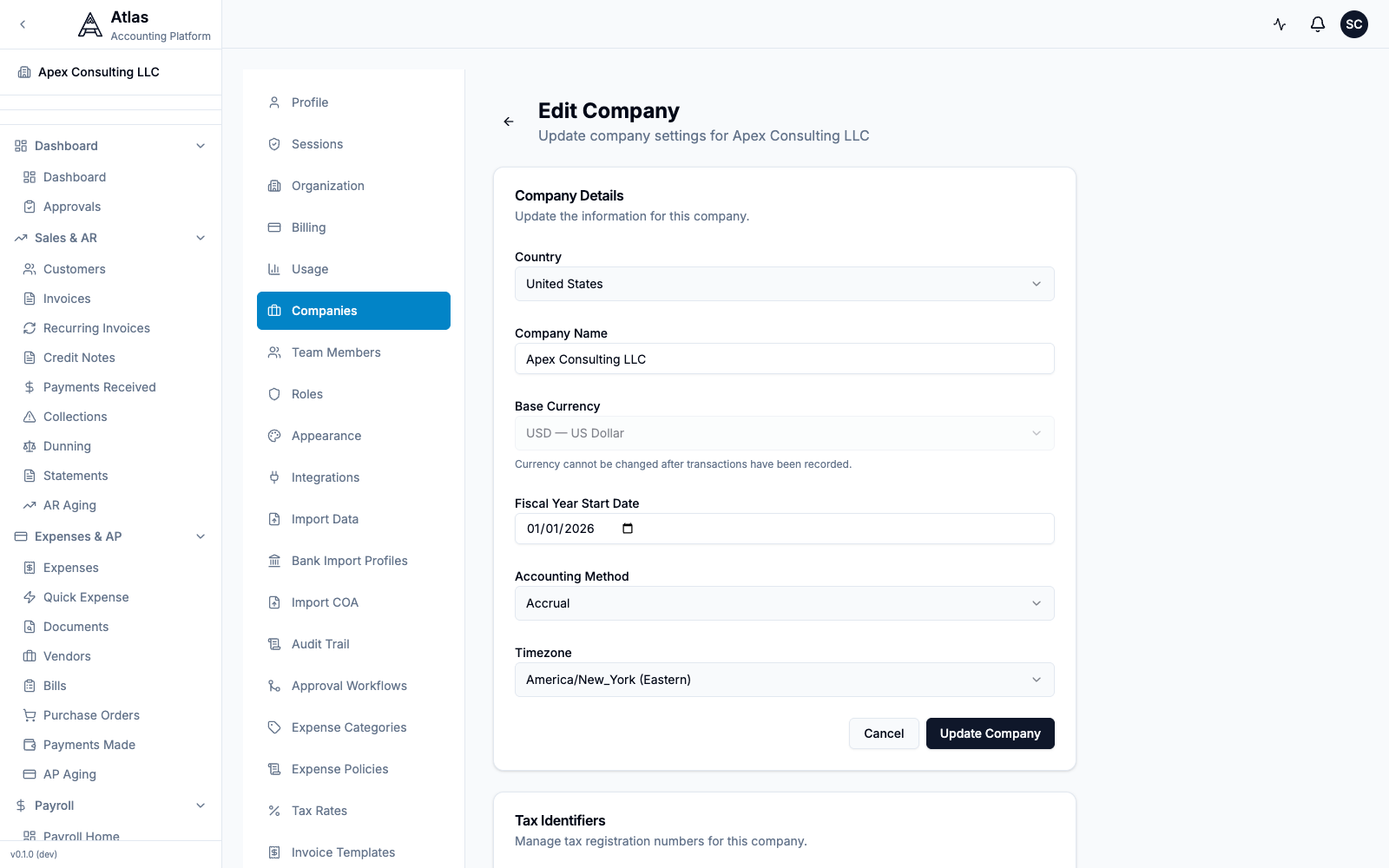 The Edit Company screen under Settings > Companies, showing Country, Company Name, Base Currency, Fiscal Year Start Date, Accounting Method, and Timezone.