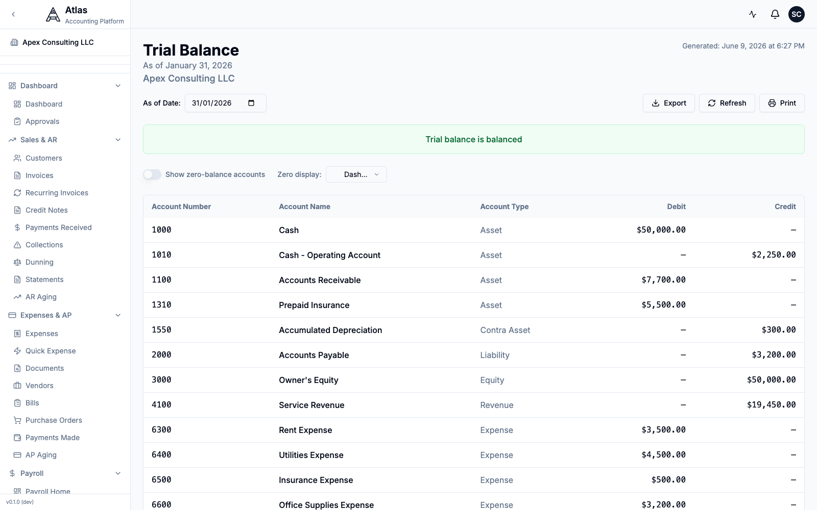 The Trial Balance report as of January 31, 2026, with the green "Trial balance is balanced" banner above the account listing.