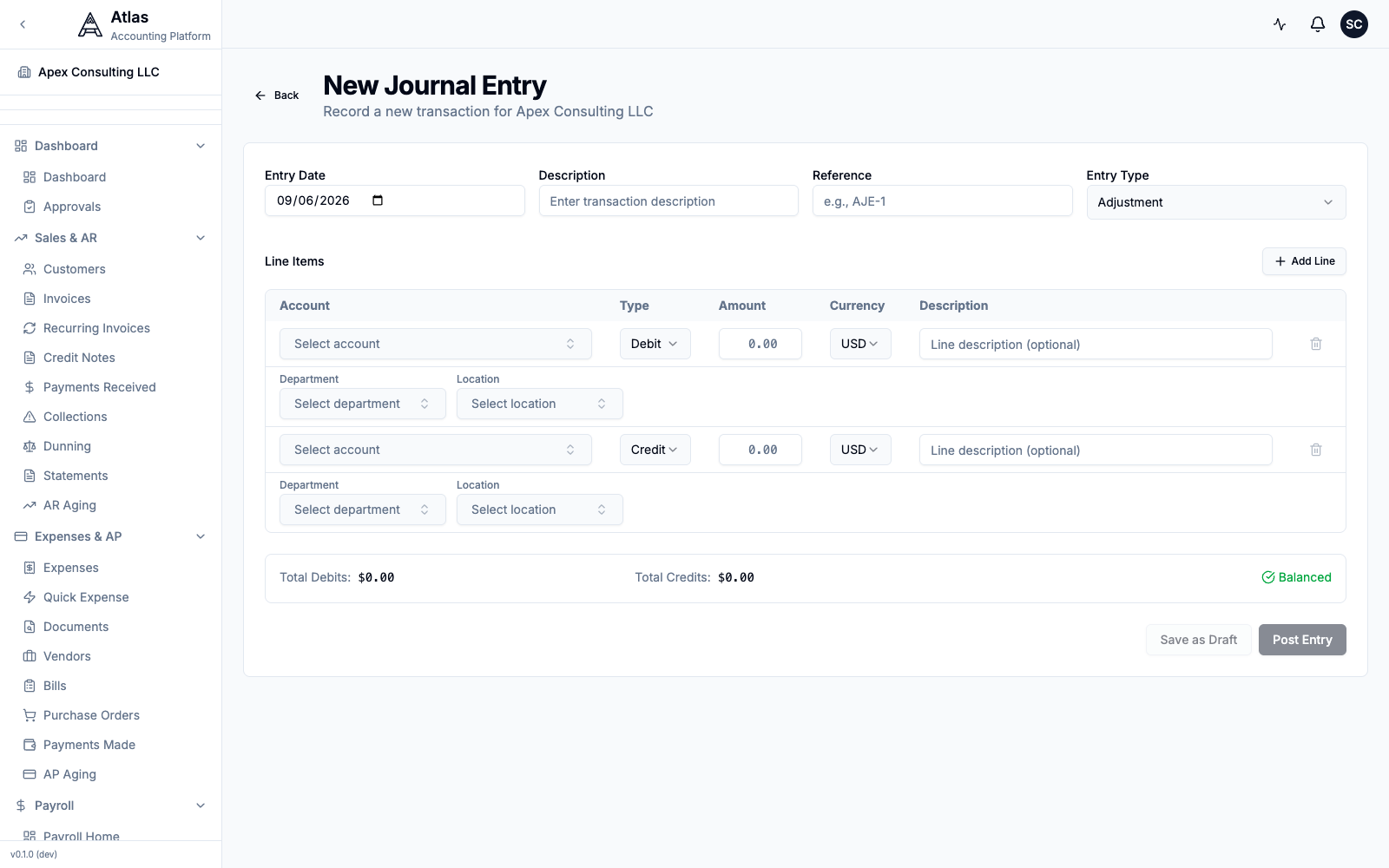 The New Journal Entry form with Entry Type set to Adjustment, debit/credit line items, and the live Balanced indicator above the Save as Draft / Post Entry buttons.