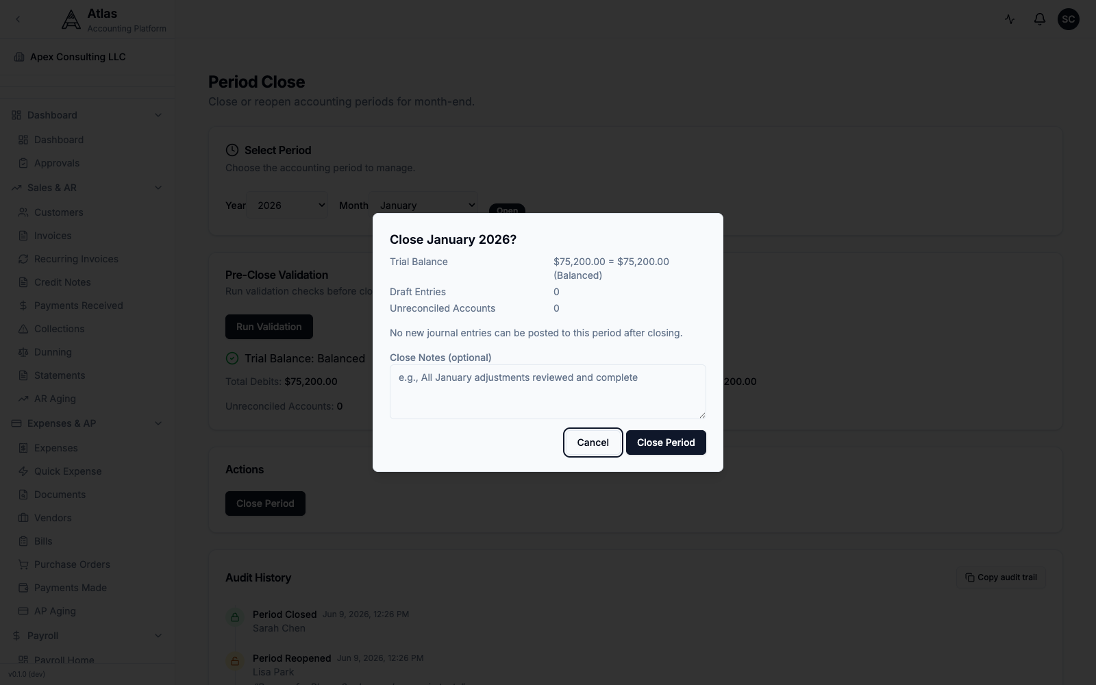 The "Close January 2026?" confirmation dialog showing the balanced trial balance, zero draft entries and unreconciled accounts, a Close Notes field, and Cancel / Close Period buttons.