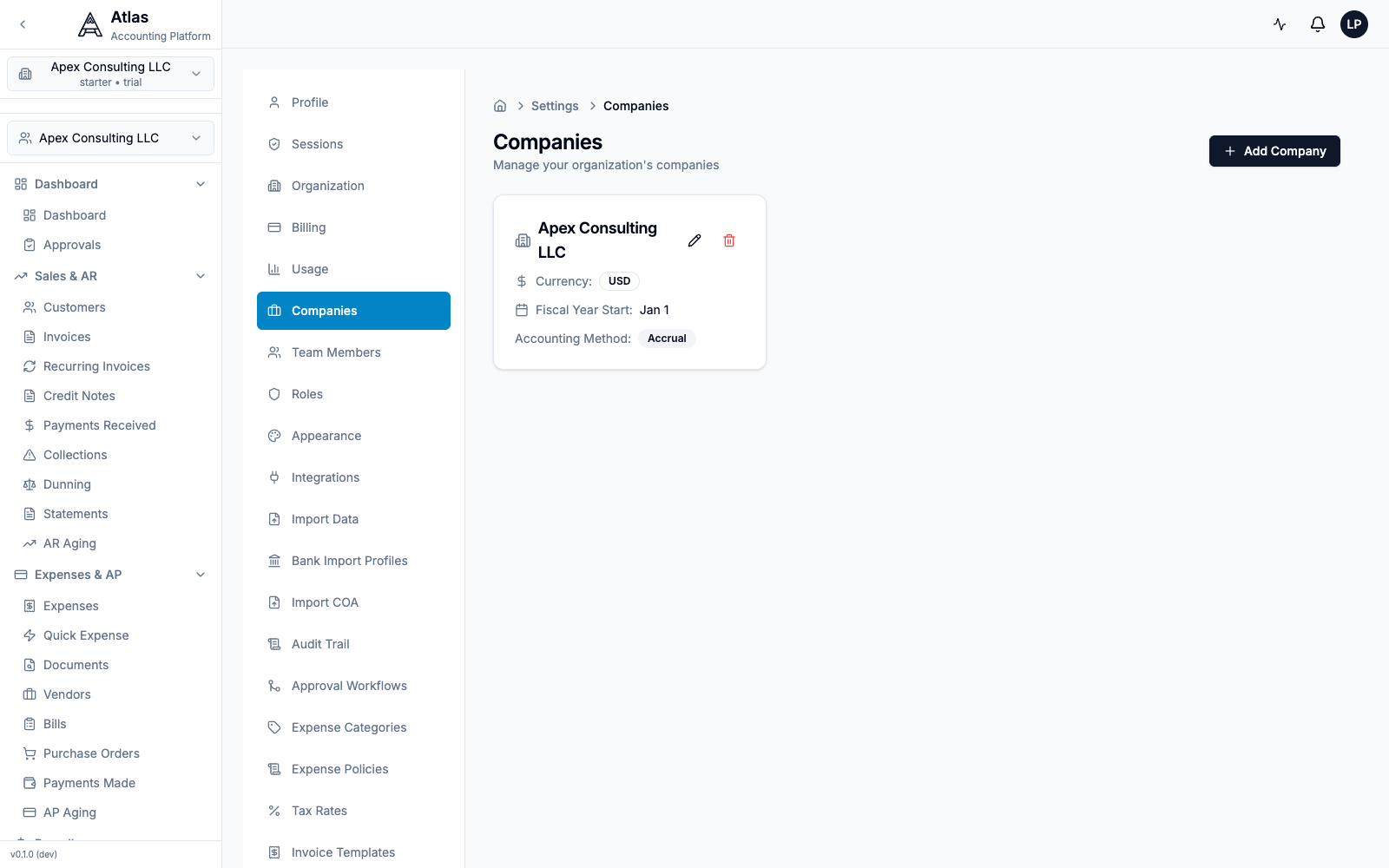 The Companies settings page listing the organization's companies, each with currency, fiscal-year start, and accounting method, plus an Add Company button.