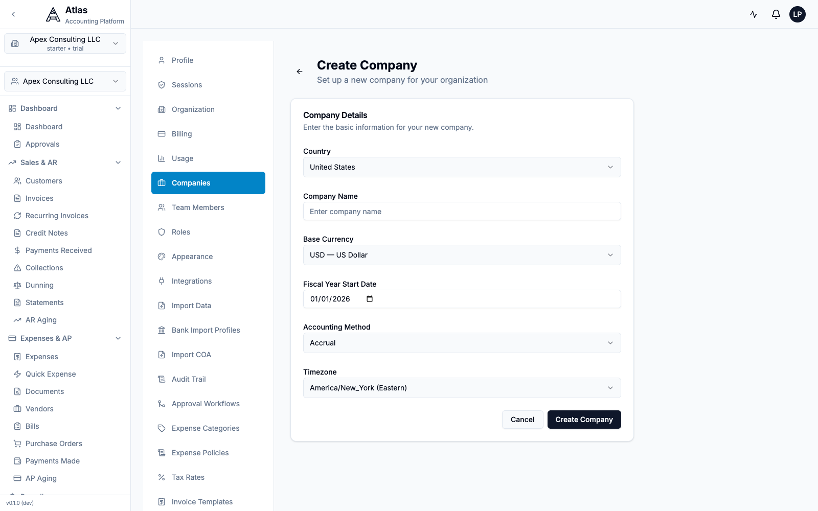 The Create Company form with Country, Company Name, Base Currency, Fiscal Year Start Date, Accounting Method, and Timezone fields.
