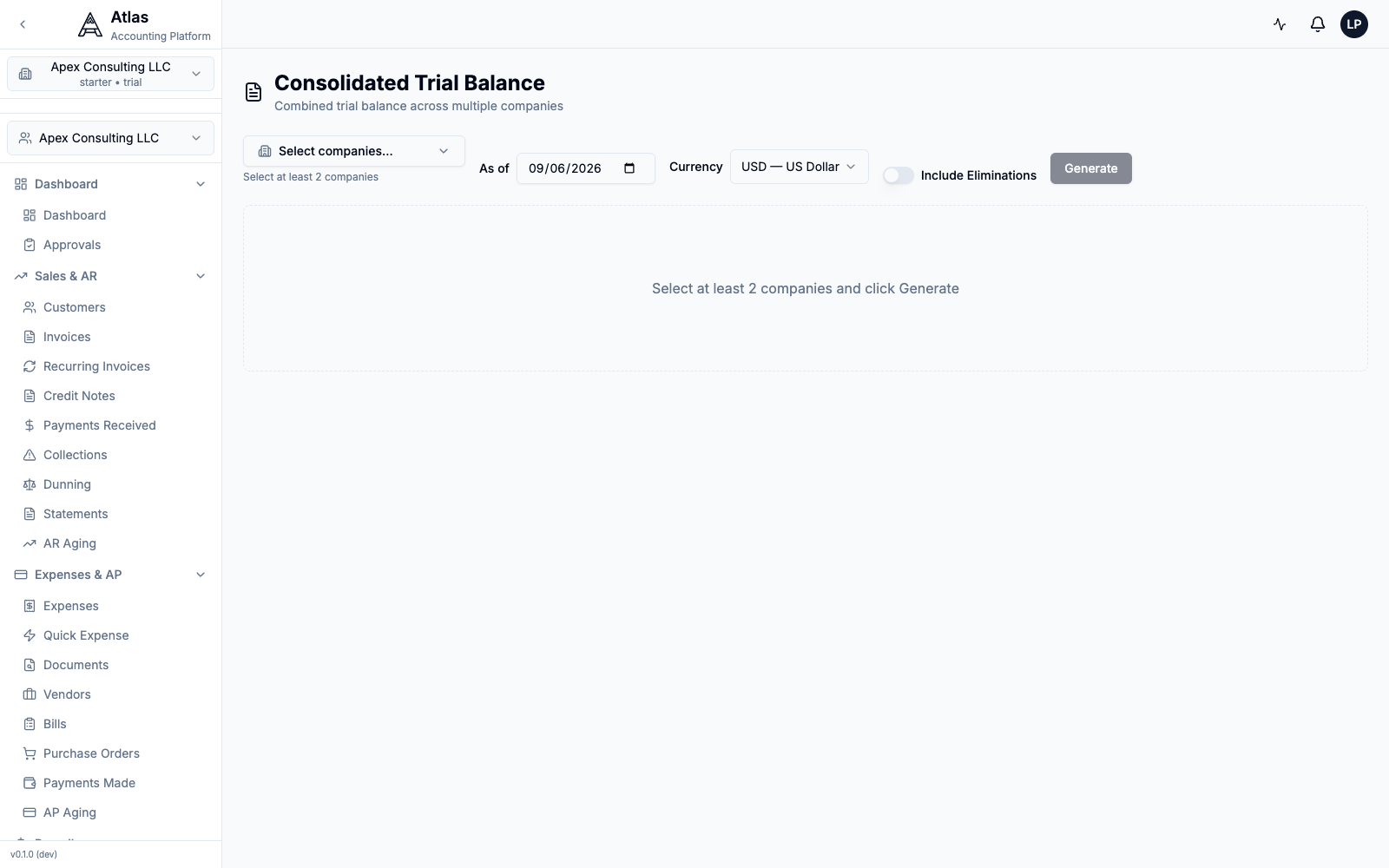 The Consolidated Trial Balance page with a company picker, As-of date, Currency selector, an Include Eliminations toggle, and a Generate button.