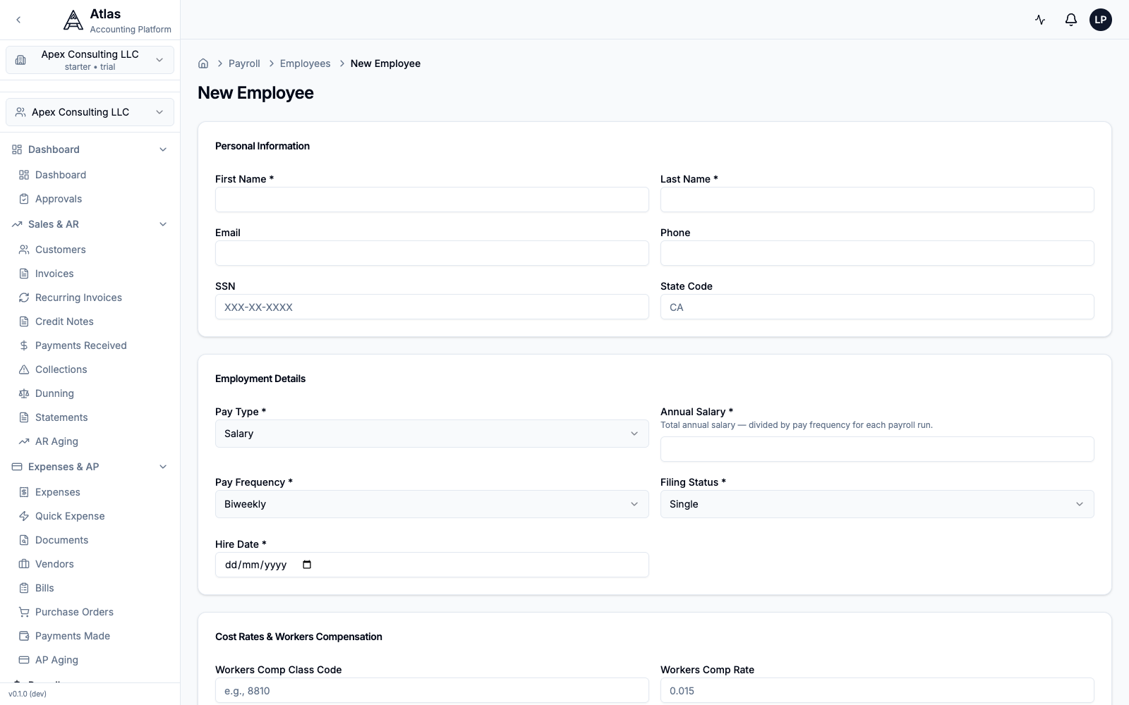 The New Employee form: Personal Information (name, email, SSN, state), Employment Details (pay type, salary, frequency, filing status, hire date), and Cost Rates & Workers Compensation.