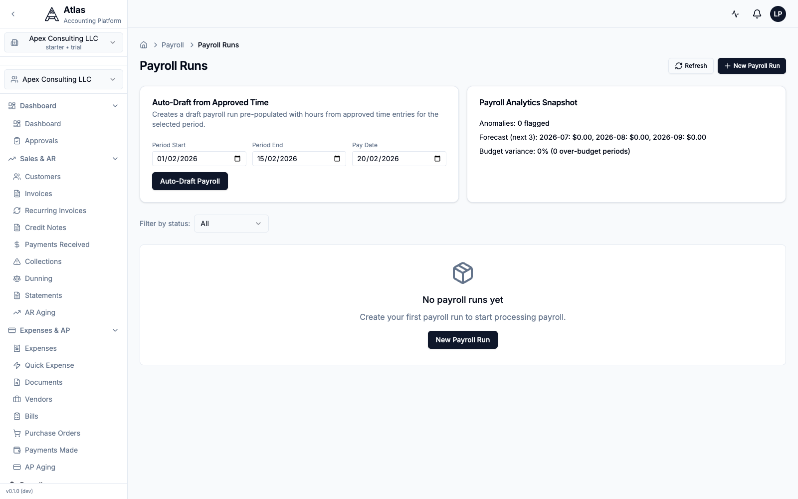 The Payroll Runs page with the Auto-Draft from Approved Time card, the Payroll Analytics Snapshot, and an empty-state prompt to create your first run.