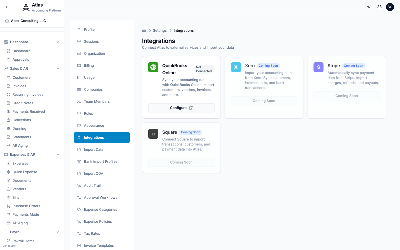 The Settings > Integrations screen. QuickBooks Online is the only connectable provider today; Xero, Stripe, and Square are Coming Soon. Zoho Books migrates via CSV import.