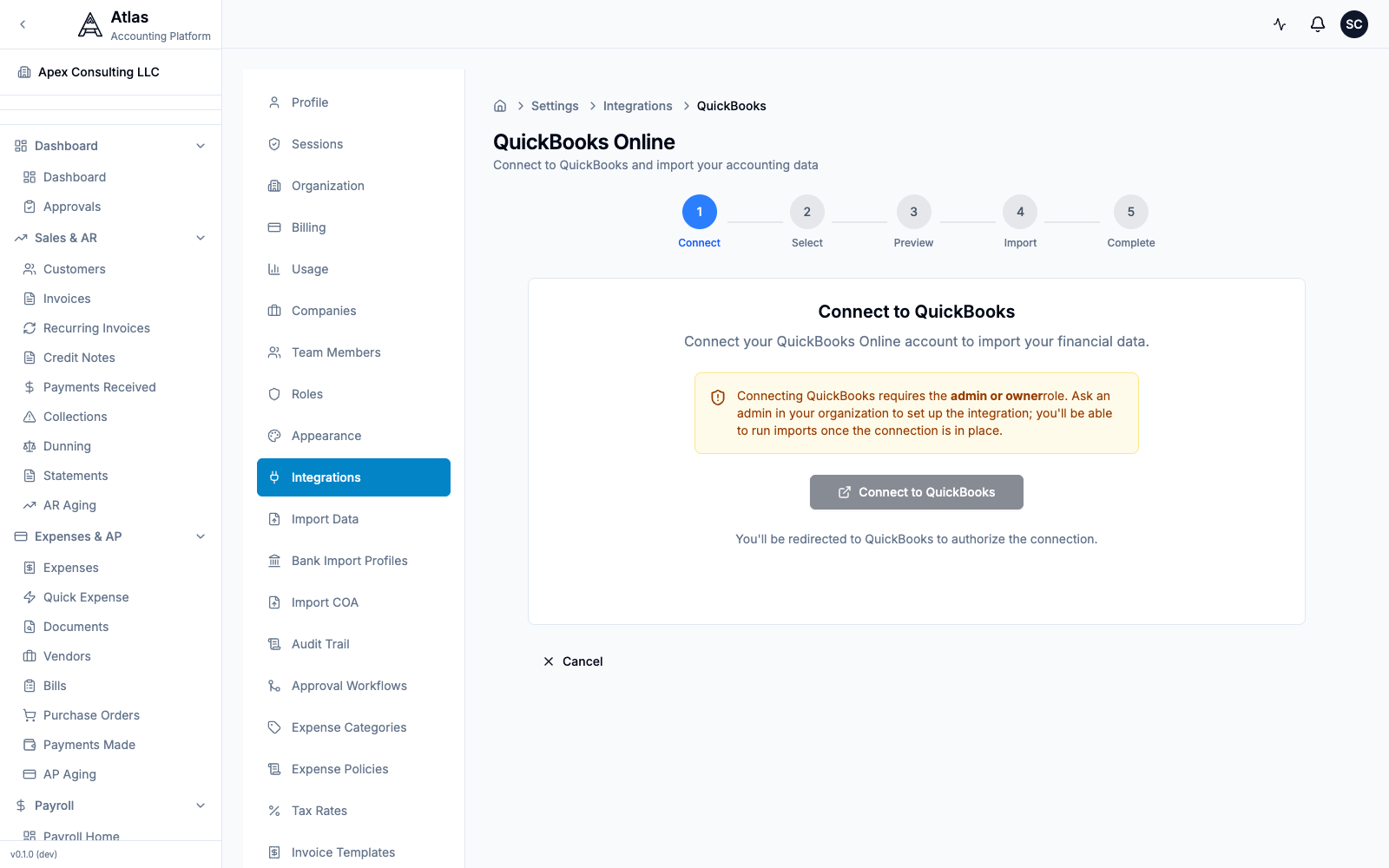 The QuickBooks Online connect wizard, showing the Connect → Select → Preview → Import → Complete steps and a notice that connecting requires the admin or owner role.